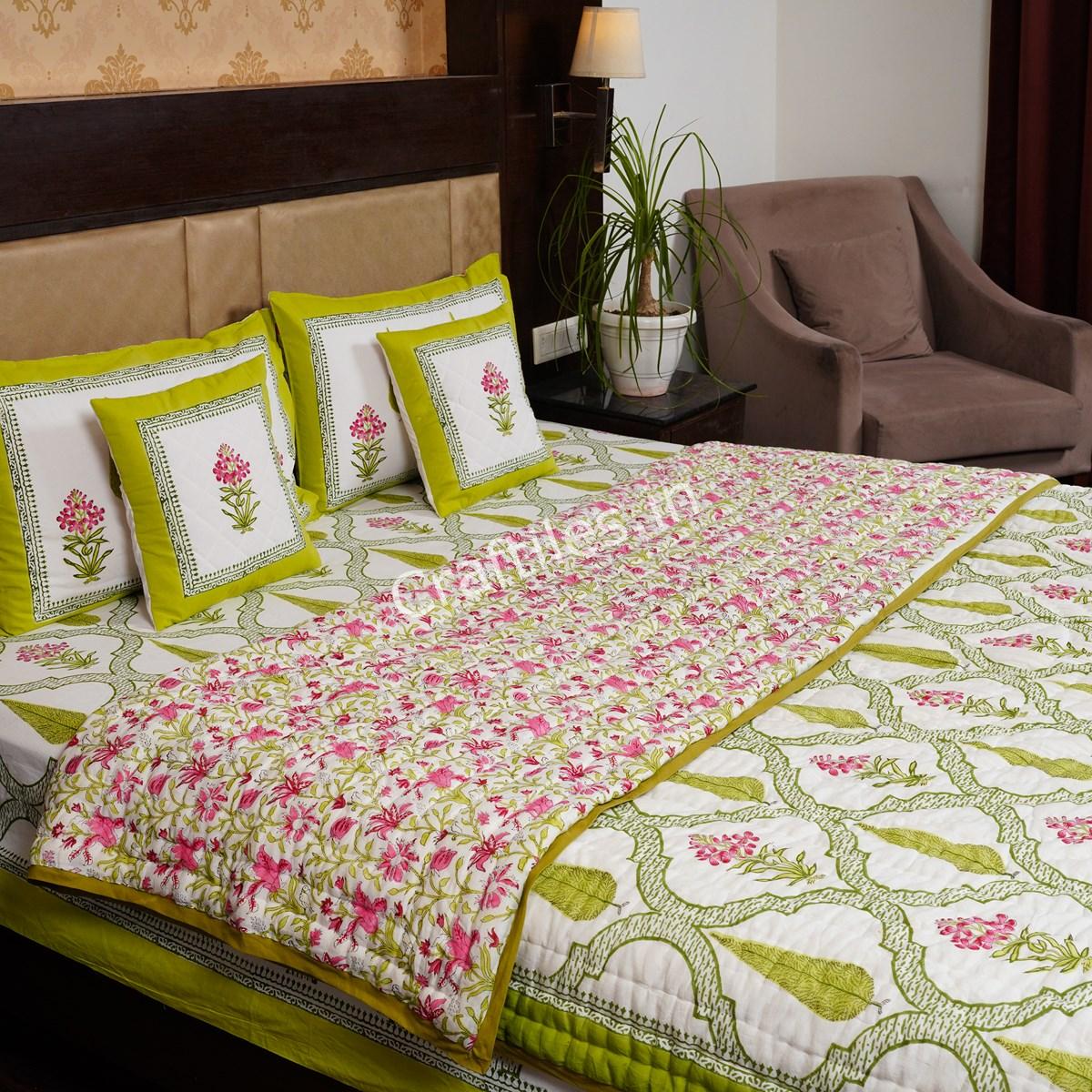 Craftiles - Flower Pot Jaipuri Handblock Printed Bedding Set by Jaipur dharohar for Home and Wedding Gift - Green - Image 2