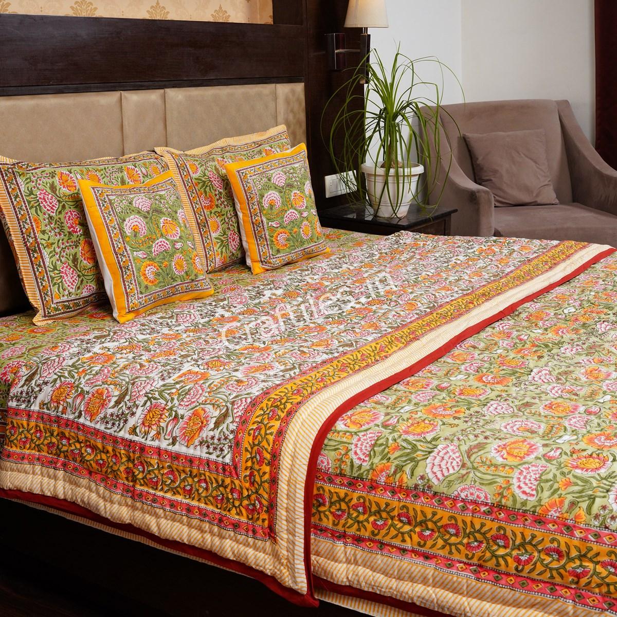 Craftiles -  Sunflower Tree Jaipuri Handblock Printed Bedding Set by Jaipur dharohar for Home and Wedding Gift - Yellow - Image 2