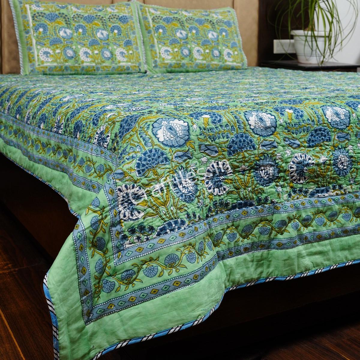 Craftiles - Jasmine Jaipuri Handblock Printed Reversible Comforter by Jaipurdharohar - AC Quilt | Comforter | Bedcover | Gudarie - Green - Image 3