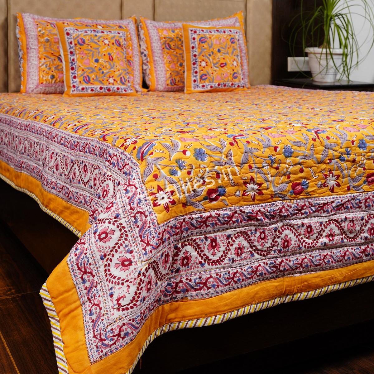 Craftiles - Royal Jaipuri Handblock Printed Reversible Comforter by Jaipurdharohar - AC Quilt | Comforter | Bedcover | Gudarie - Yellow - Image 3