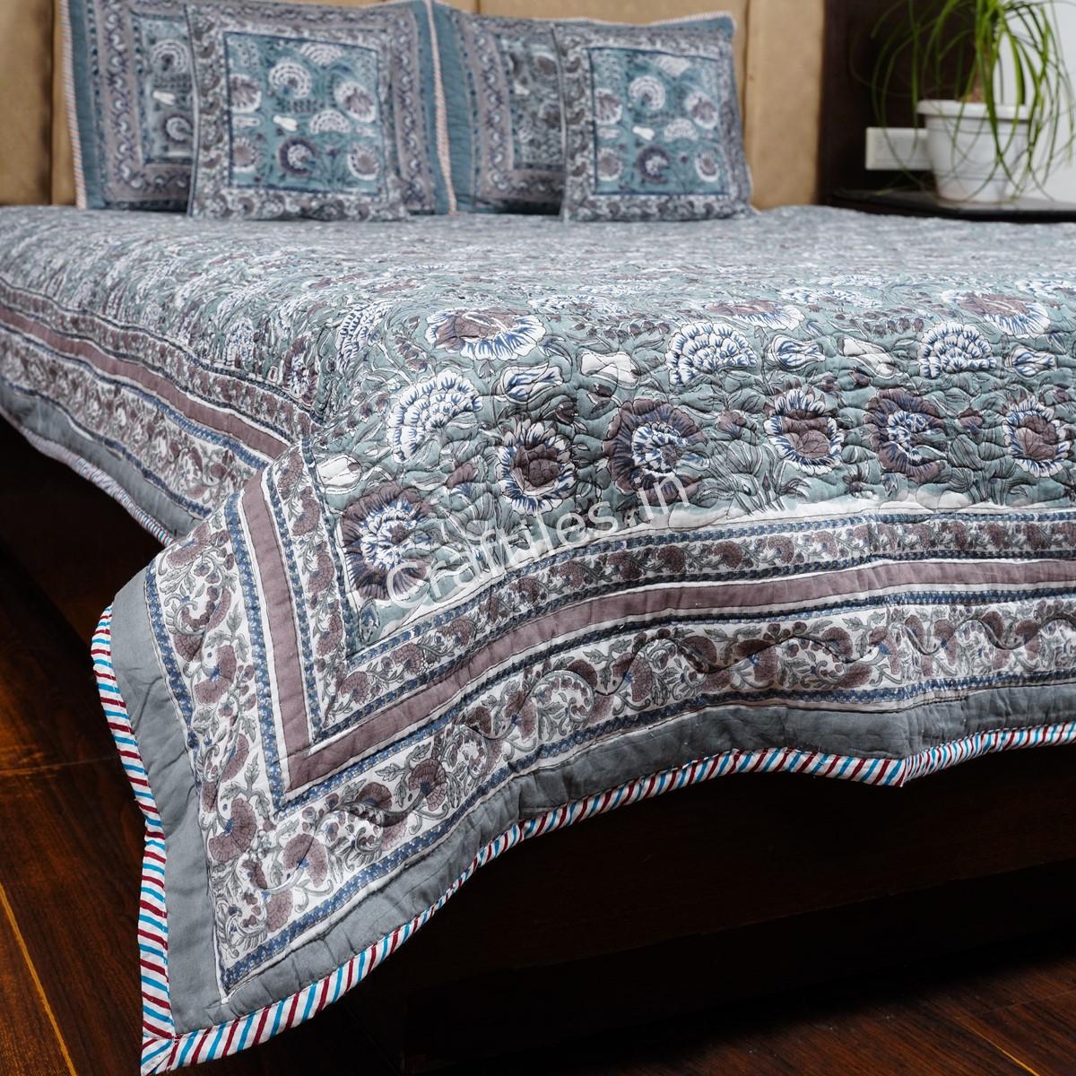 Craftiles - Sunflower Jaipuri Handblock Printed Reversible Comforter by Jaipurdharohar - AC Quilt | Comforter | Bedcover | Gudarie - Gray - Image 3