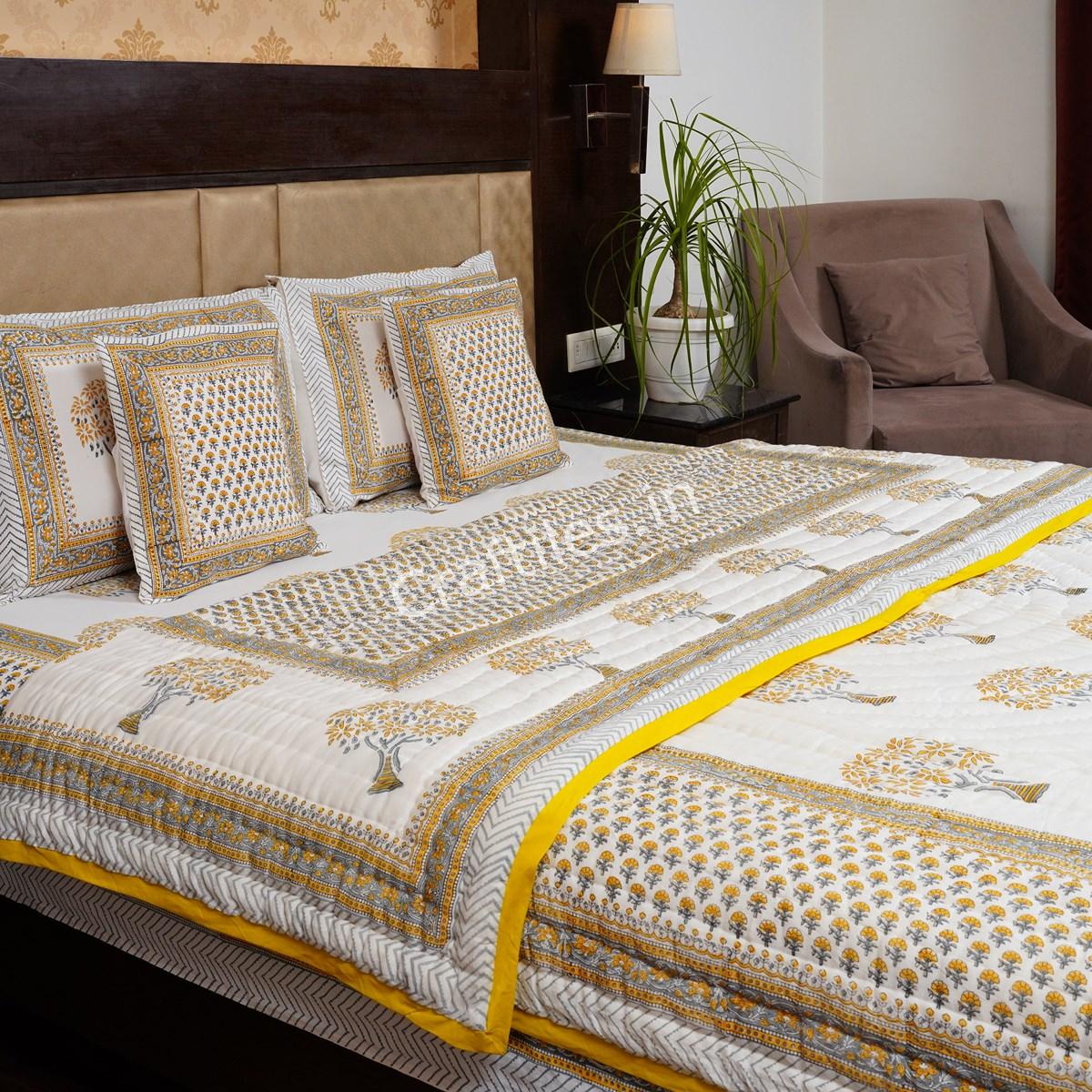 Craftiles -  Golden Tree Jaipuri Handblock Printed Bedding Set by Jaipur dharohar for Home and Wedding Gift - Yellow - Image 2