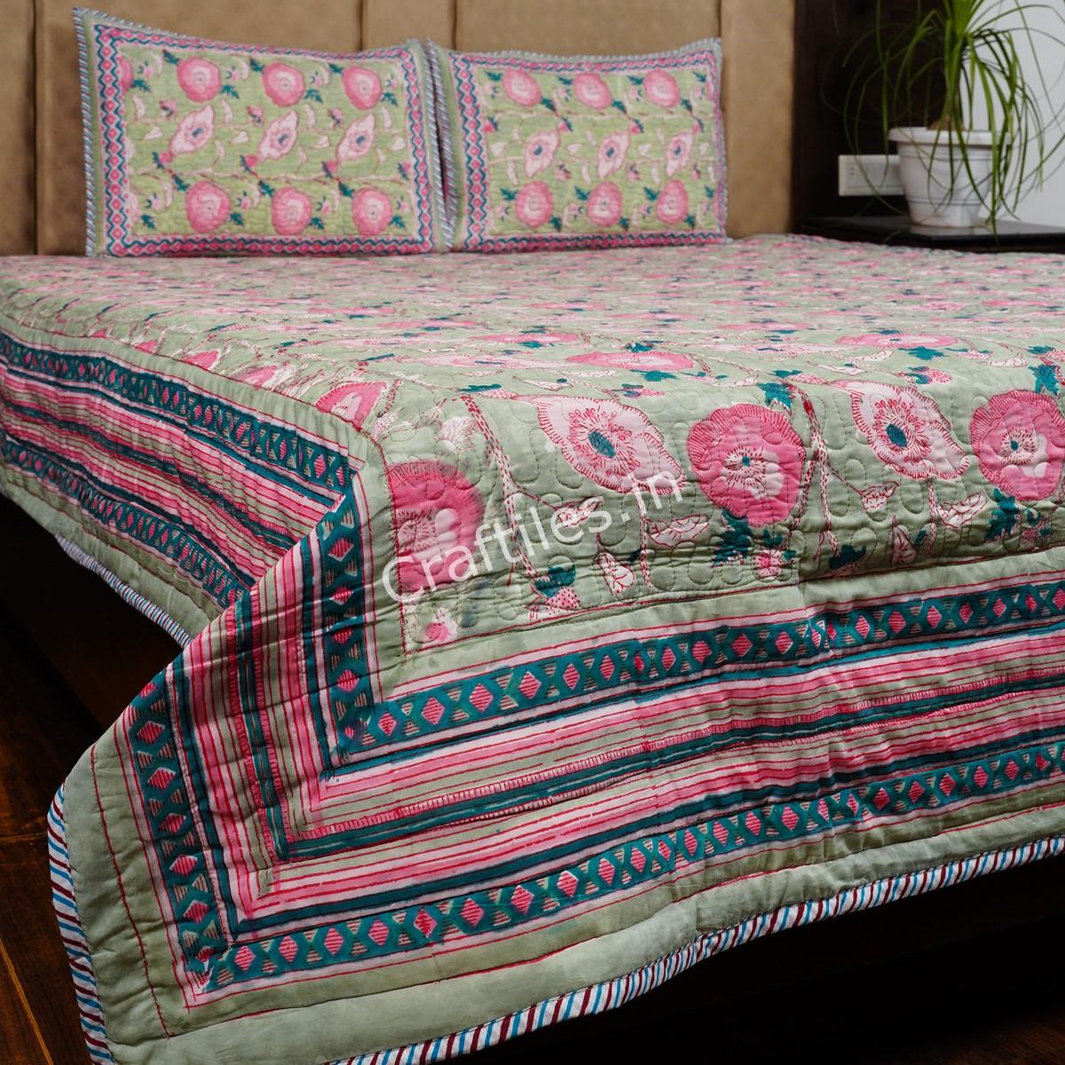 Craftiles - Varista Jaipuri Handblock Printed Reversible Comforter by Jaipurdharohar - AC Quilt | Comforter | Bedcover | Gudarie - Green - Image 3