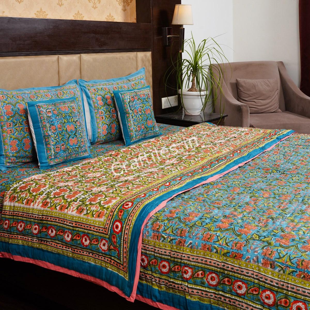Craftiles - Lotus Jaipuri Handblock Printed Bedding Set by Jaipur dharohar for Home and Wedding Gift - Blue - Image 2