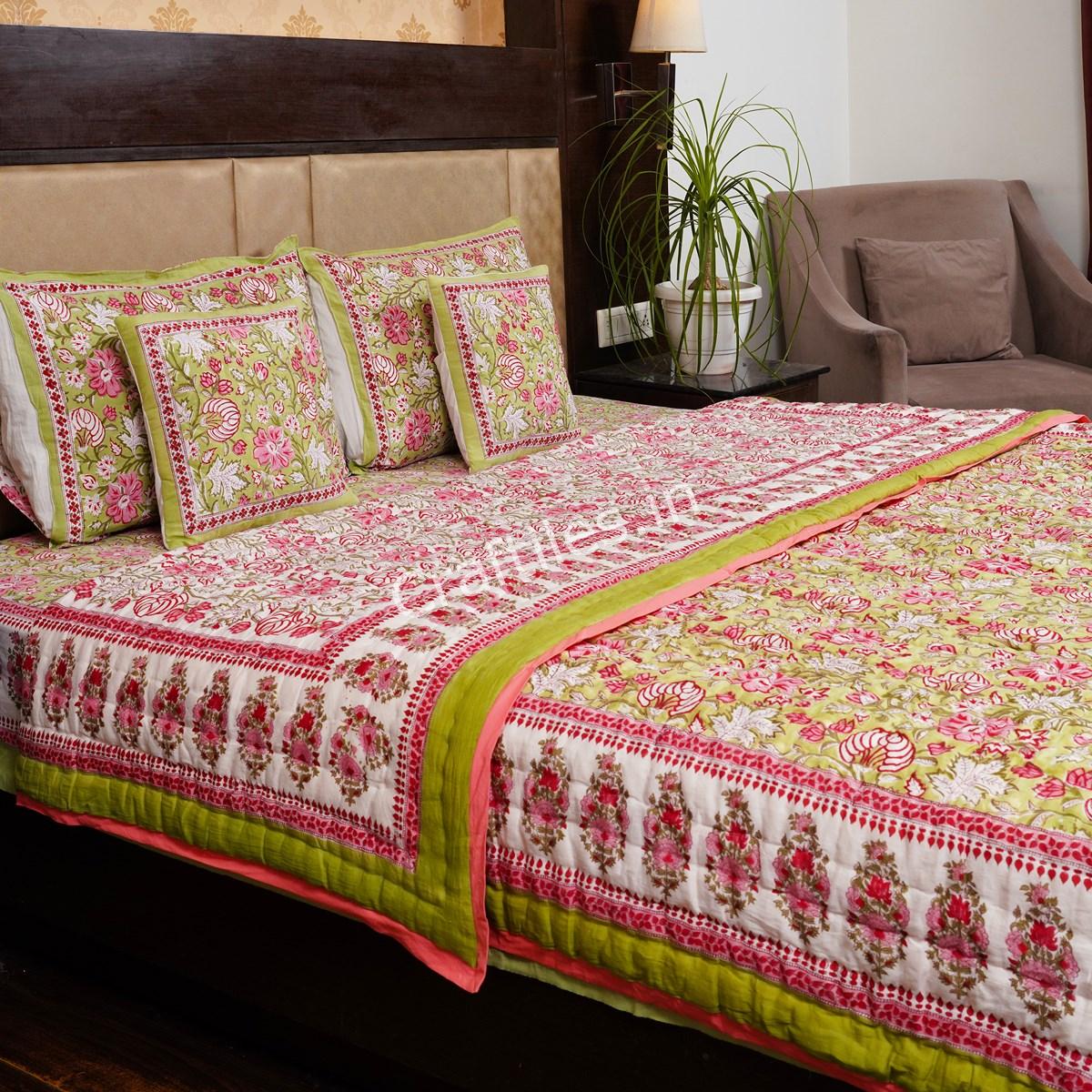 Craftiles -  Birla Jaipuri Handblock Printed Bedding Set by Jaipur dharohar for Home and Wedding Gift - Green - Image 2