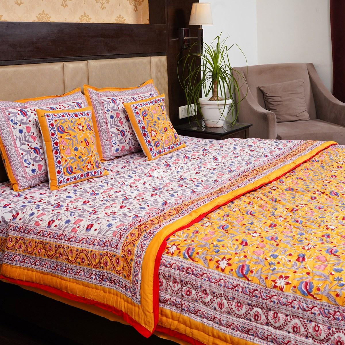 Craftiles - Royal Jaipuri Handblock Printed Bedding Set by Jaipur dharohar for Home and Wedding Gift - Yellow - Image 2