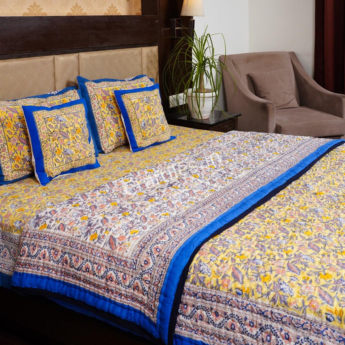 Craftiles - Theme Jaipuri Handblock Printed Bedding Set by Jaipur dharohar for Home and Wedding Gift - Yellow - Image 2
