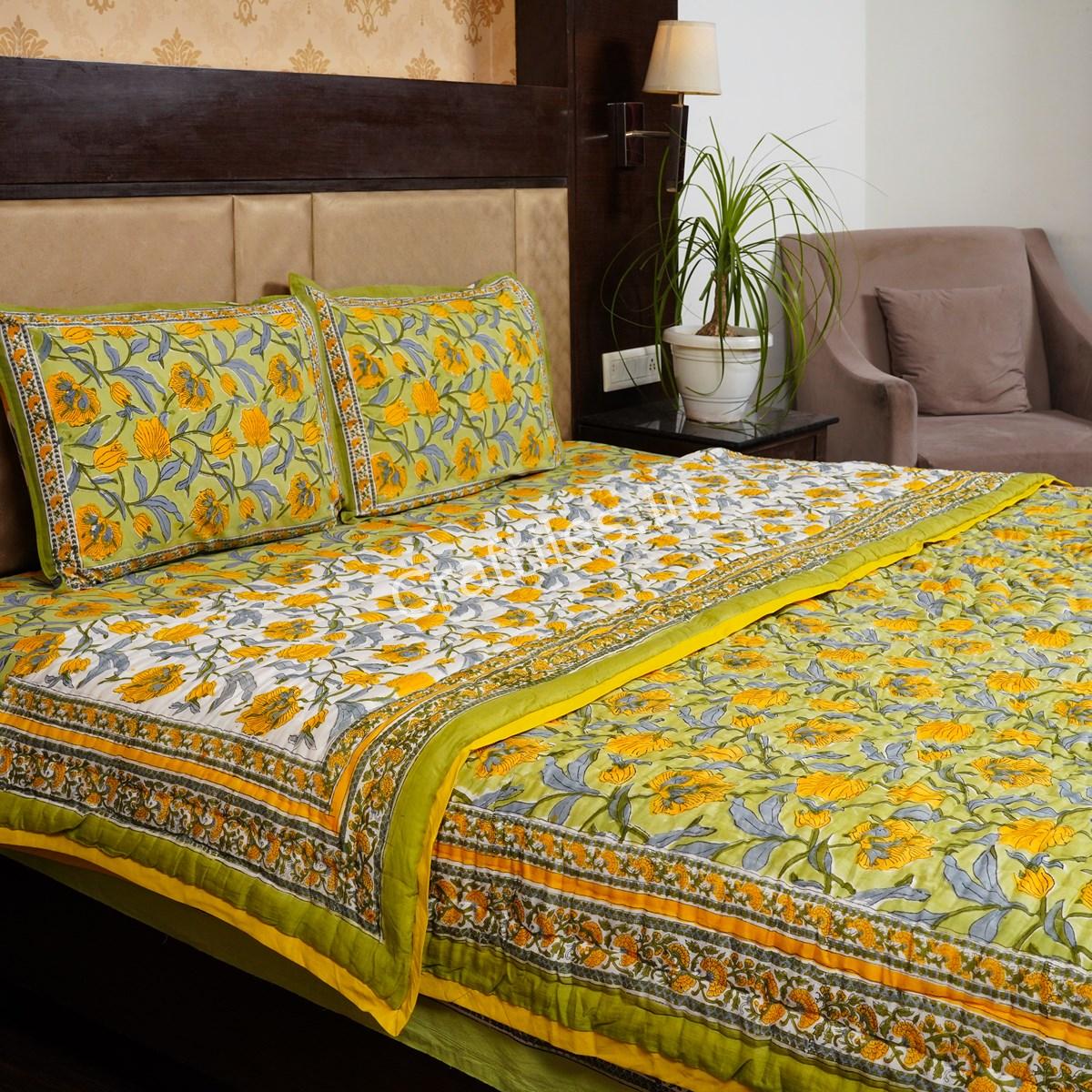 Craftiles - Jiva Jaipuri Handblock Printed Bedding Set by Jaipur dharohar for Home and Wedding Gift - Green - Image 2