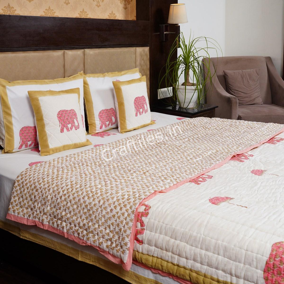 Craftiles - Elephant Jaipuri Handblock Printed Bedding Set by Jaipur dharohar for Home and Wedding Gift - Pink - Image 2