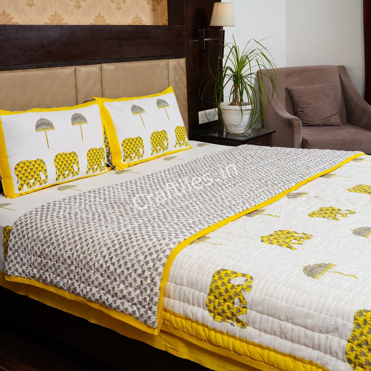 Craftiles -  Elephant Jaipuri Handblock Printed Bedding Set by Jaipur dharohar for Home and Wedding Gift - Yellow - Image 2