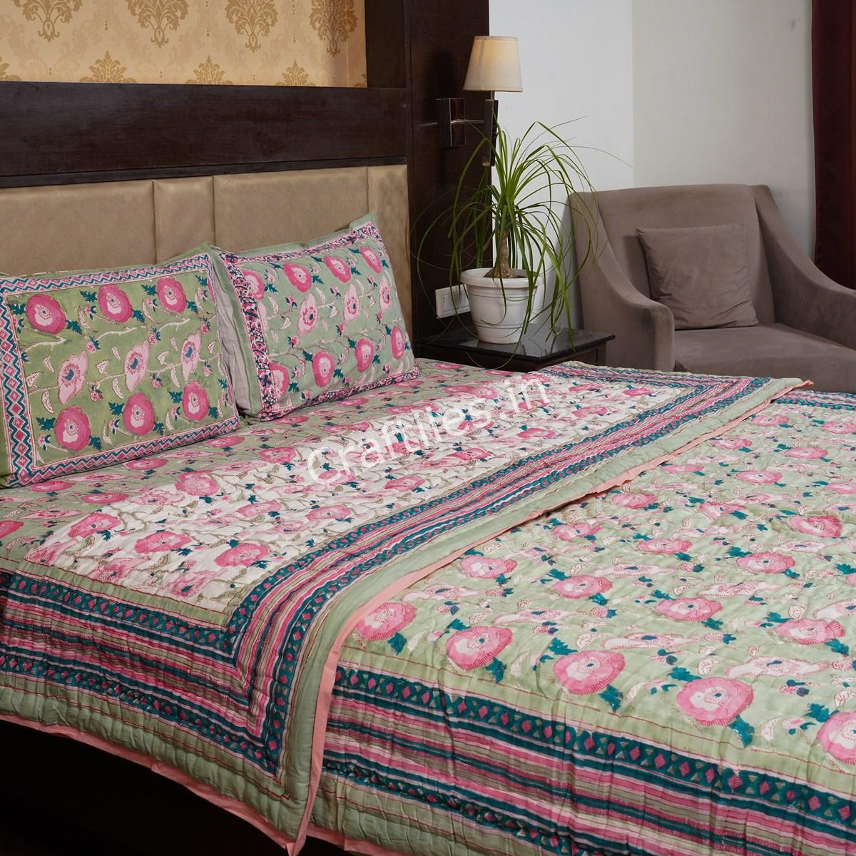 Craftiles - Varista Jaipuri Handblock Printed Bedding Set by Jaipur dharohar for Home and Wedding Gift - Green - Image 2