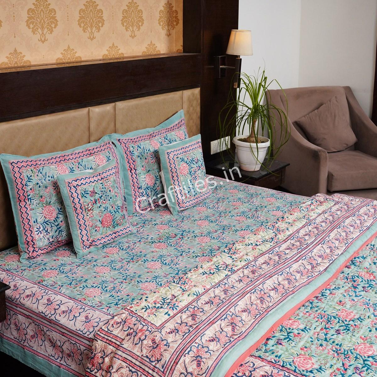 Craftiles - BS1035 English Matching Jaipuri Handblock Printed Bedding Set by Jaipur dharohar for Home and Wedding Gift - Green - Image 2