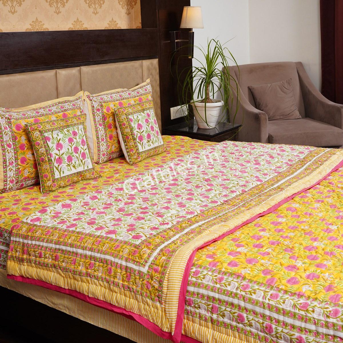 Craftiles - FeatherJaipuri Handblock Printed Bedding Set by Jaipur dharohar for Home and Wedding Gift - Yellow - Image 2