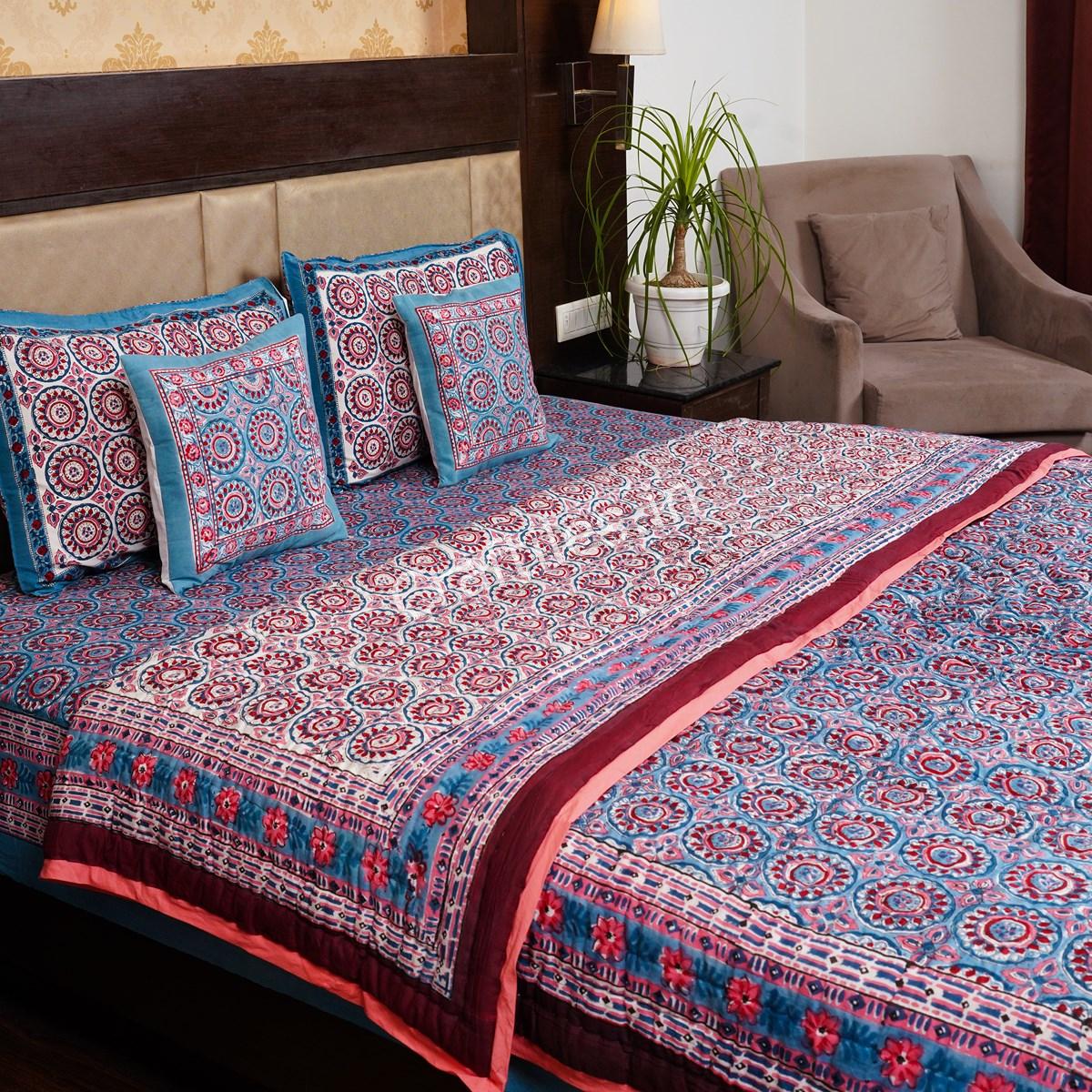 Craftiles - Chakri Jaipuri Handblock Printed Bedding Set by Jaipur dharohar for Home and Wedding Gift - Blue - Image 2