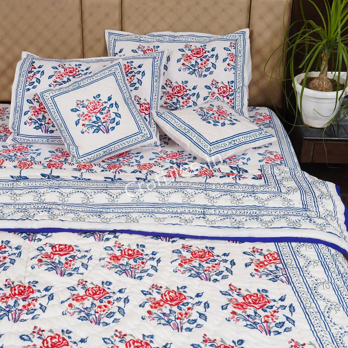 Craftiles - BS1030 Roseland Jaipuri Handblock Printed Bedding Set by Jaipur dharohar for Home and Wedding Gift - Red - Image 3