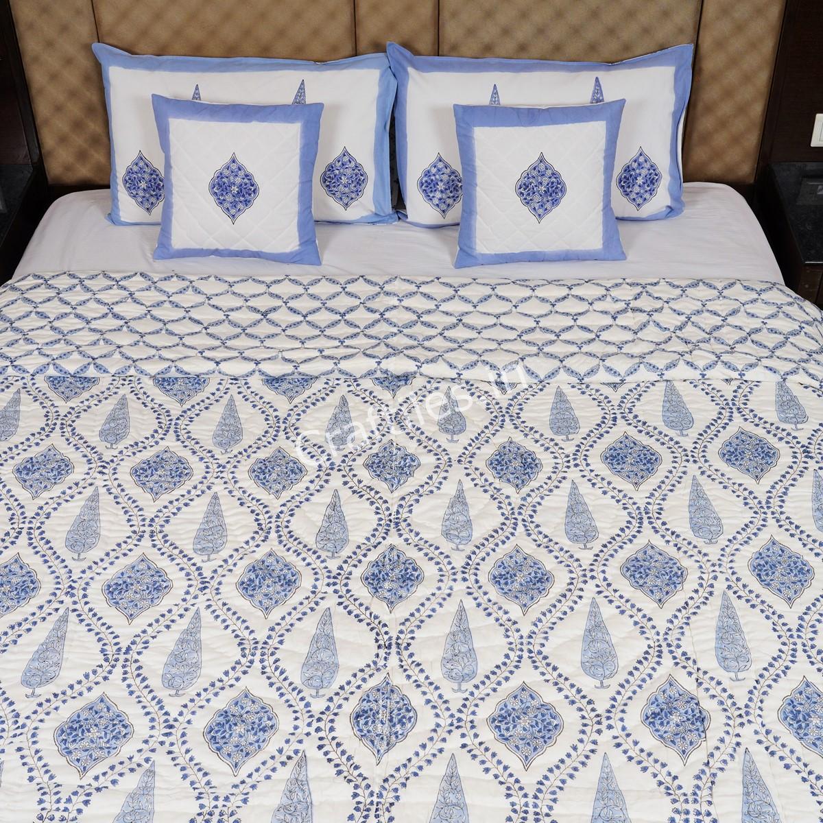 Craftiles - Amber Jaipuri Handblock Printed Reversible Jaipuri Quilt by Jaipur Dharohar - Blue - Image 2