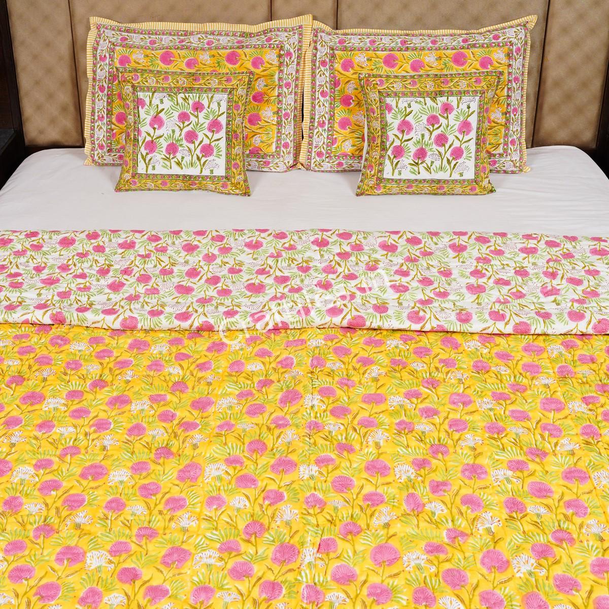 Craftiles - Kashyap Jaipuri Handblock Printed Reversible Jaipuri Quilt by Jaipurdharohar - Yellow - Image 2