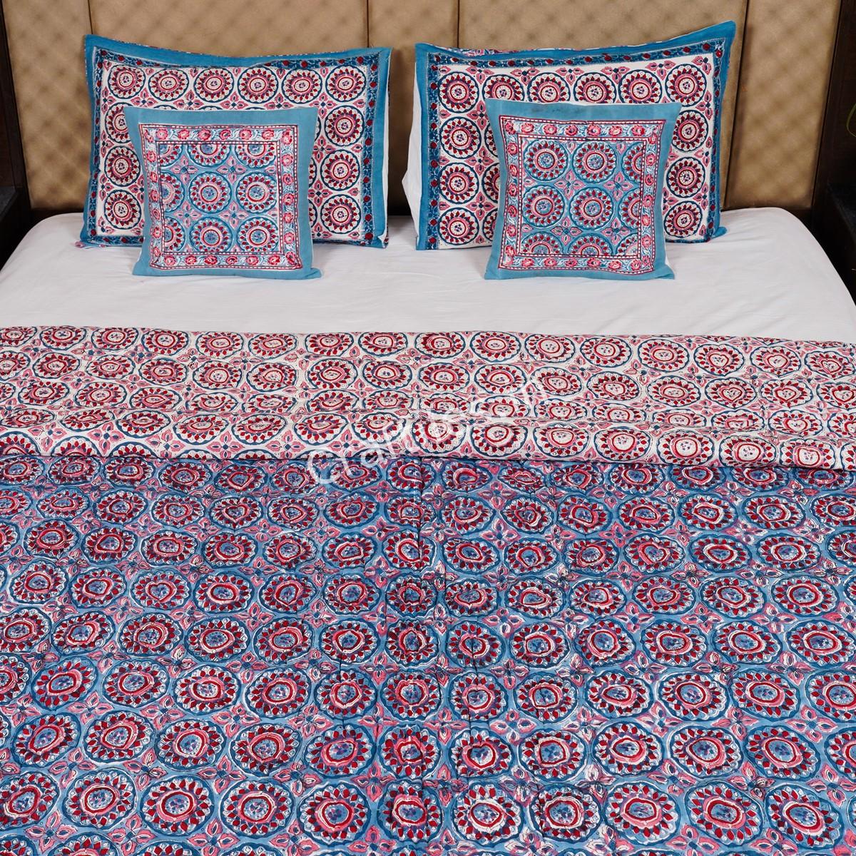 Chakri Jaipuri Handblock Printed Reversible Jaipuri Quilt by Jaipurdharohar - Blue - Image 2