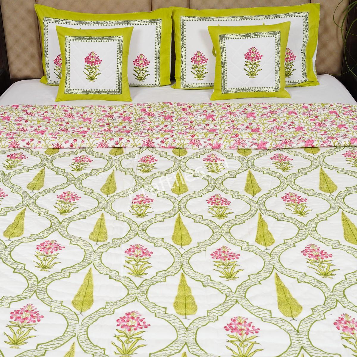 Craftiles - Flower Pot Jaipuri Handblock Printed Reversible Jaipuri Quilt by Jaipurdharohar - Green - Image 2