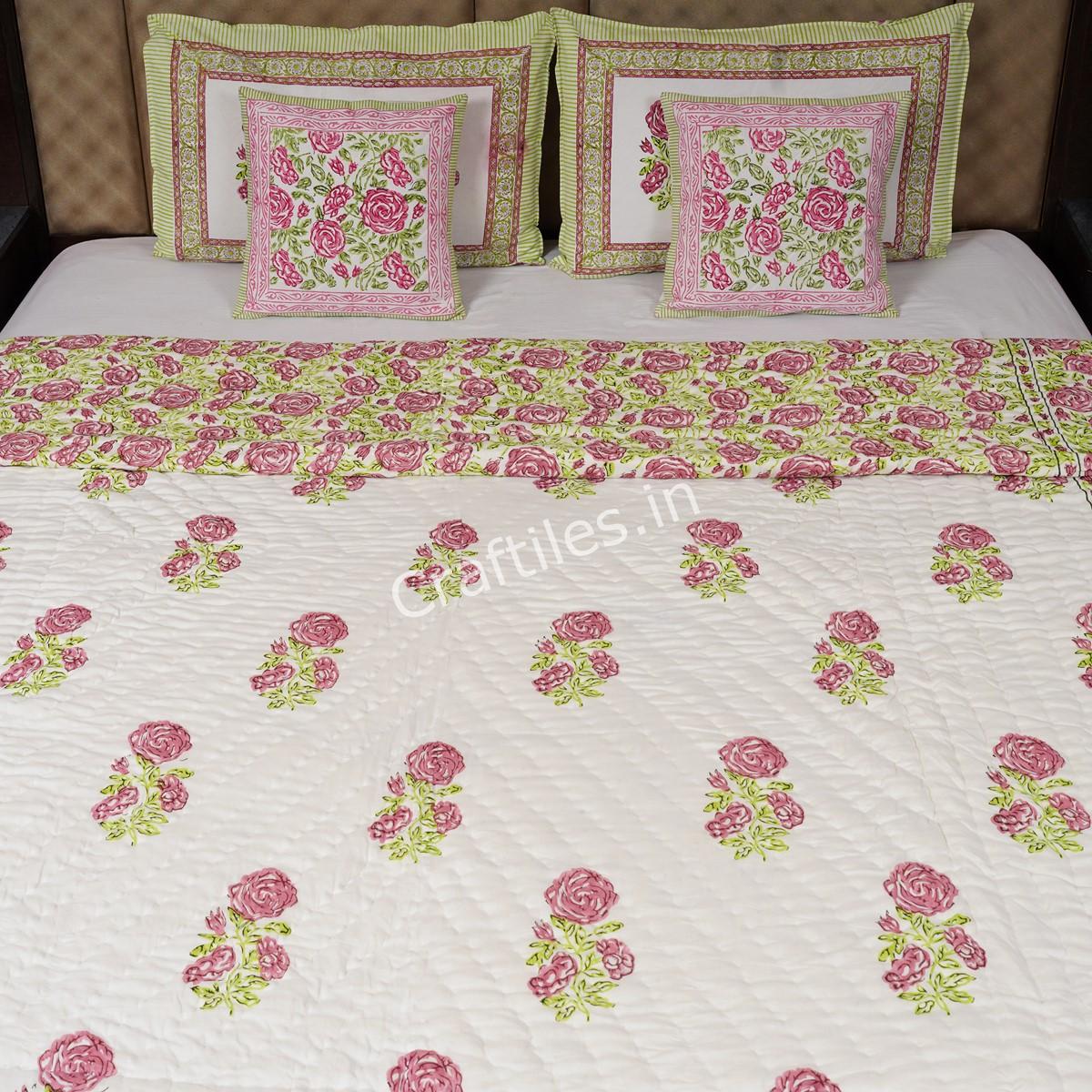 Craftiles - Gulab Boota Jaipuri Handblock Printed Reversible Jaipuri Quilt by Jaipurdharohar - Pink - Image 2