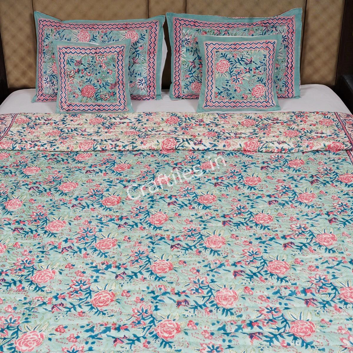 Craftiles -English Matching Jaipuri Handblock Printed Reversible Jaipuri Quilt by Jaipurdharohar - Green - Image 2