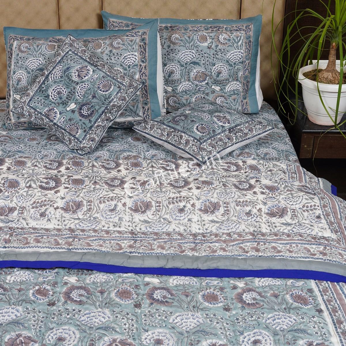 Craftiles - Kashyap Jaipuri Handblock Printed Bedding Set by Jaipur dharohar for Home and Wedding Gift - Gray - Image 3