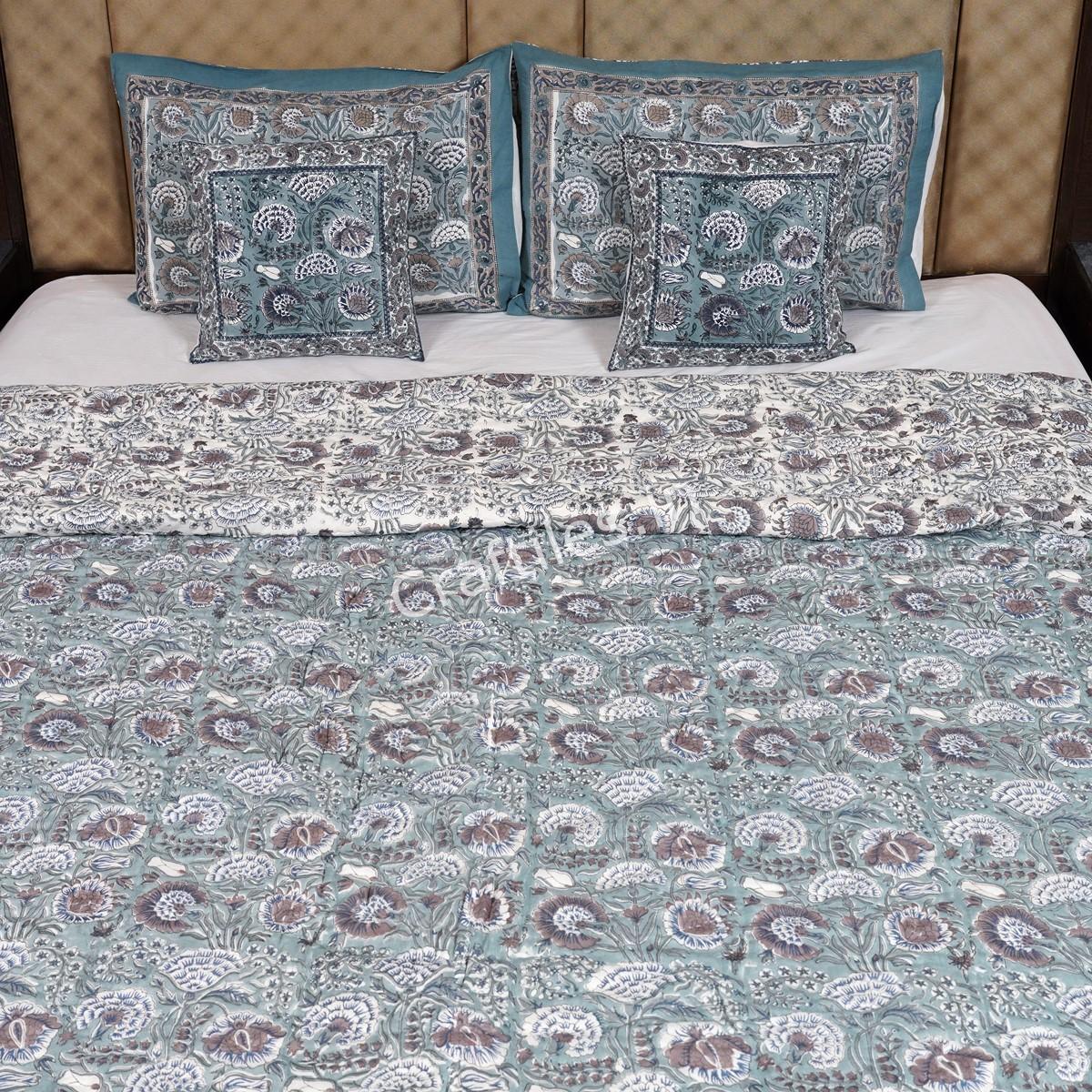 Craftiles -Saat kaam Jaipuri Handblock Printed Reversible Jaipuri Quilt by Jaipurdharohar - Gray - Image 2