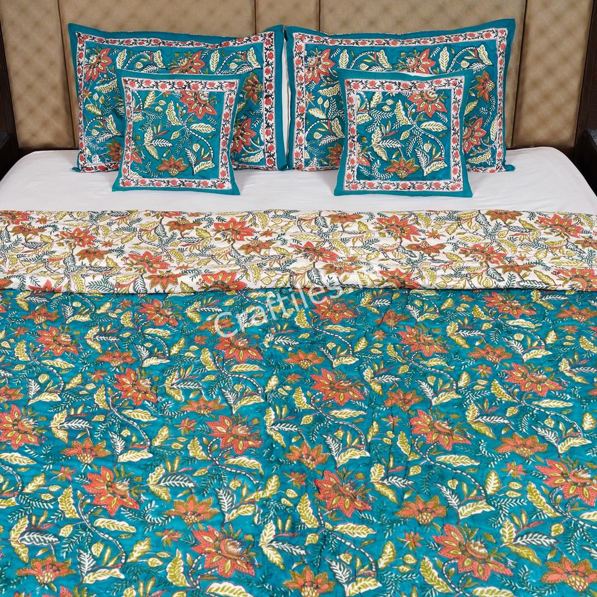 Craftiles - Ratna kaam Jaipuri Handblock Printed Reversible Jaipuri Quilt by Jaipurdharohar - Green - Image 2