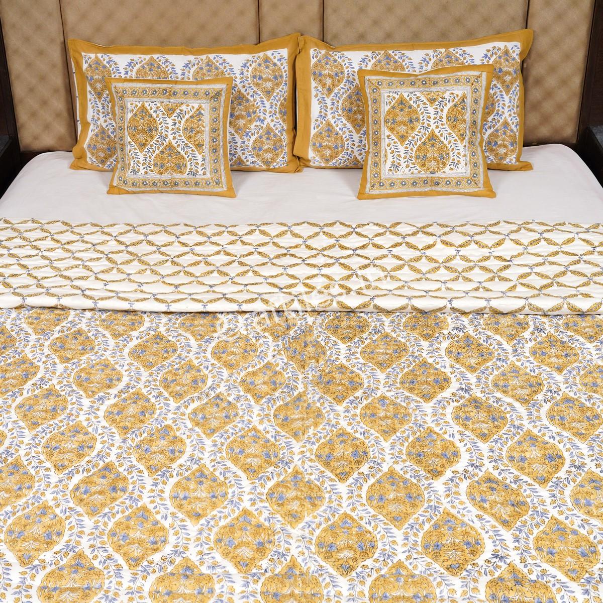 Craftiles -Mahak Jaipuri Handblock Printed Reversible Jaipuri Quilt by Jaipurdharohar - Yellow - Image 2
