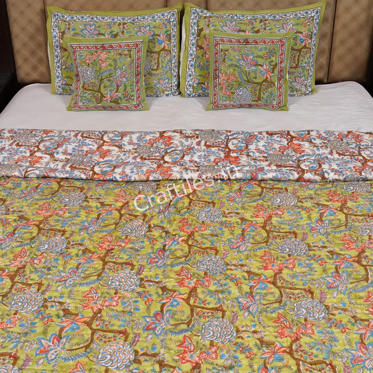 Craftiles - Saat kaam Jaipuri Handblock Printed Reversible Jaipuri Quilt by Jaipurdharohar - Green - Image 2