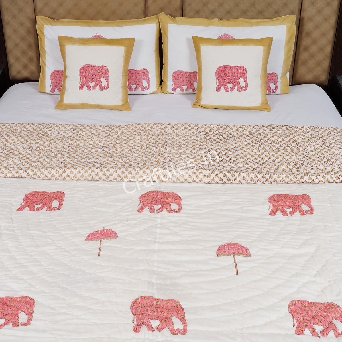 Craftiles - Elephant Jaipuri Handblock Printed Reversible Jaipuri Quilt by Jaipurdharohar - Pink - Image 2