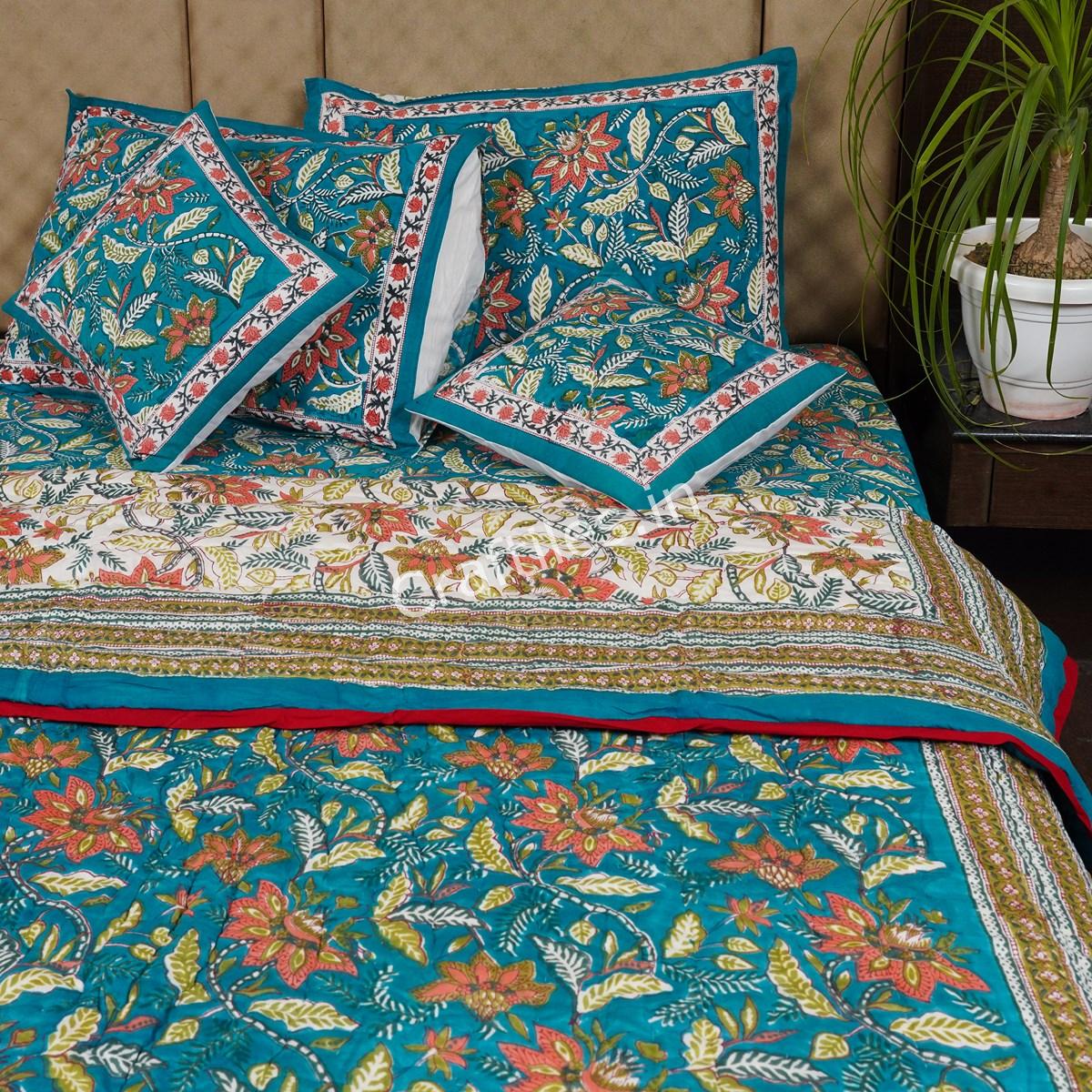 Craftiles -  Ratna Jaipuri Handblock Printed Bedding Set by Jaipur dharohar for Home and Wedding Gift - Green - Image 3