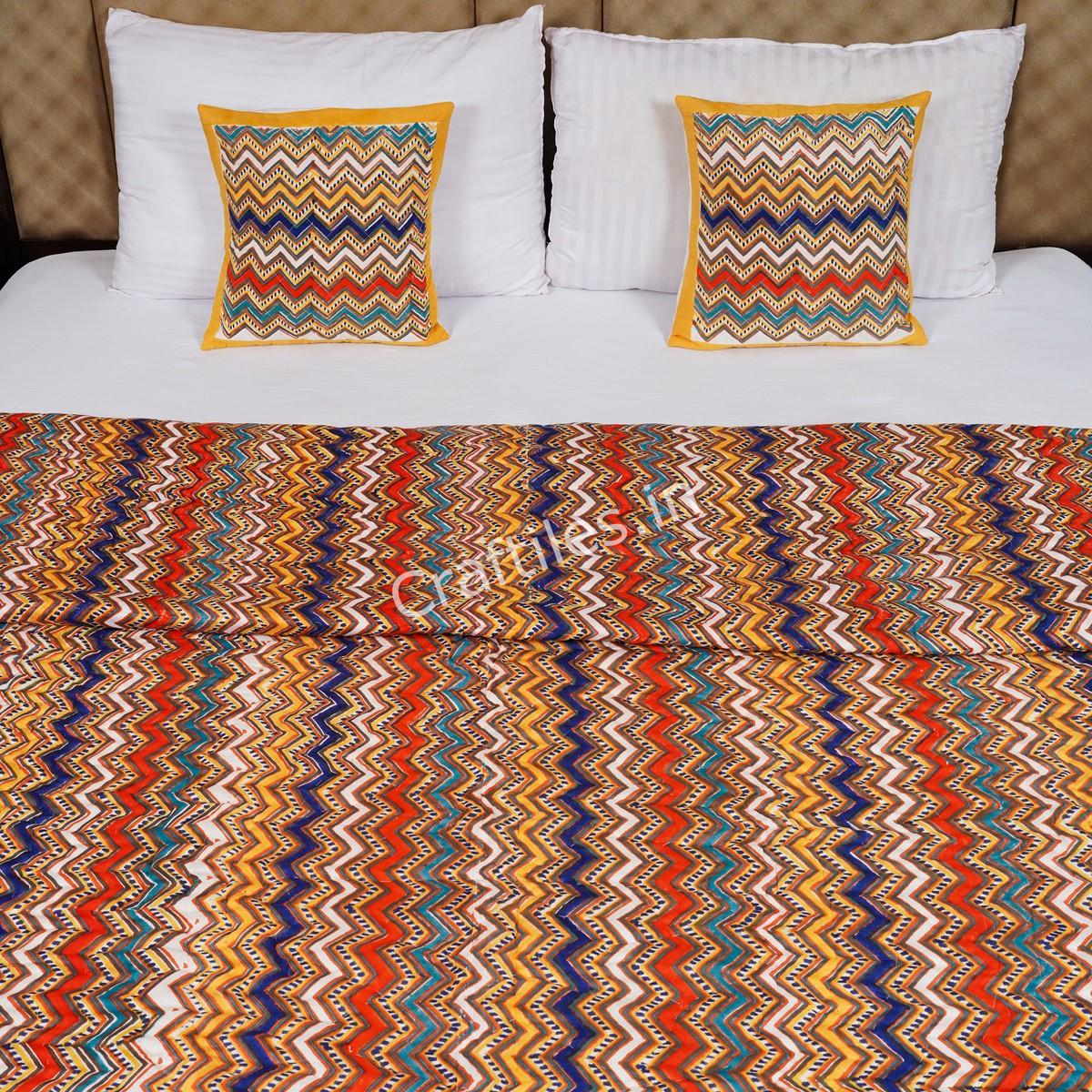 Craftiles - Zigzag Jaipuri Handblock Printed Reversible Jaipuri Quilt by Jaipurdharohar - Yellow - Image 2