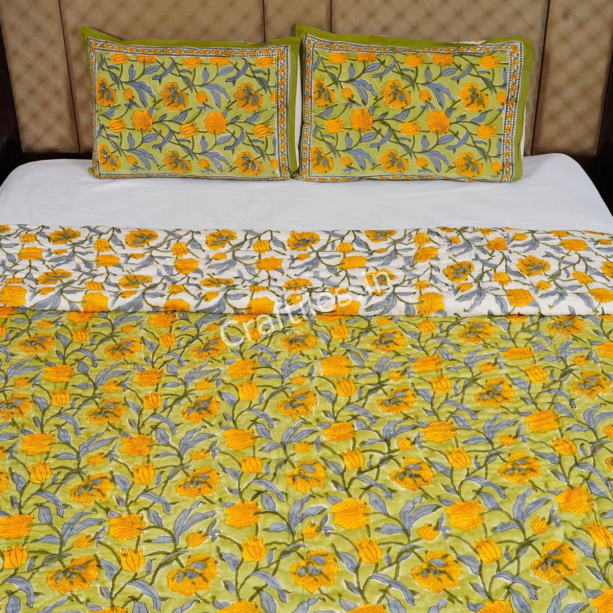 Craftiles -Jiva Jaipuri Handblock Printed Reversible Jaipuri Quilt by Jaipurdharohar - Green - Image 2