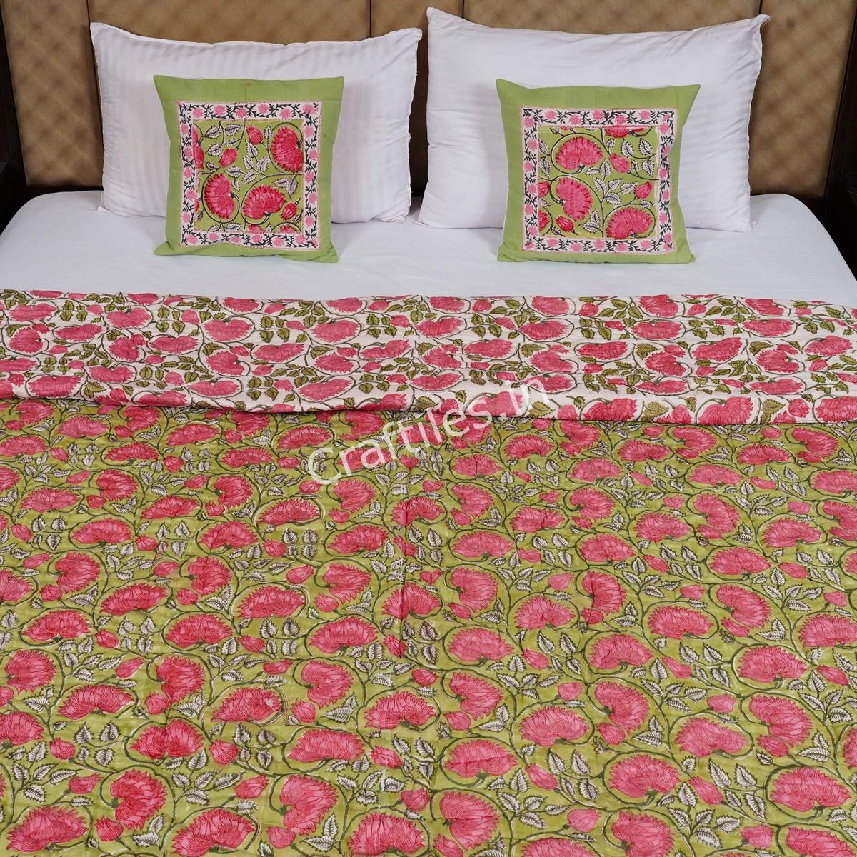 Craftiles -Lotus Jaipuri Handblock Printed Reversible Jaipuri Quilt by Jaipurdharohar - Green - Image 2