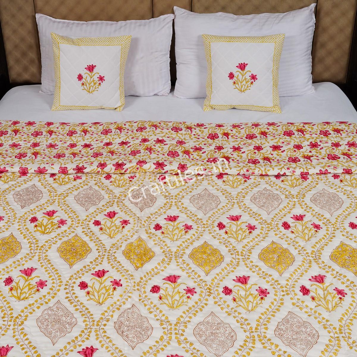 Craftiles - Flower Pot Jaipuri Handblock Printed Reversible Jaipuri Quilt by Jaipurdharohar - Green - Image 2