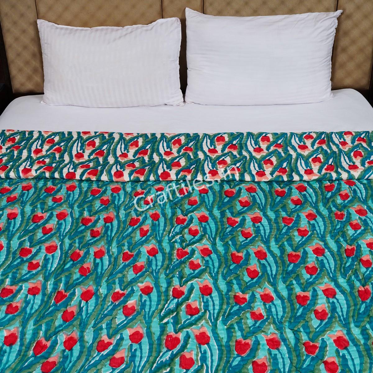 Craftiles - Tulip Jaipuri Handblock Printed Reversible Jaipuri Quilt by Jaipurdharohar - Green 1 - Image 2