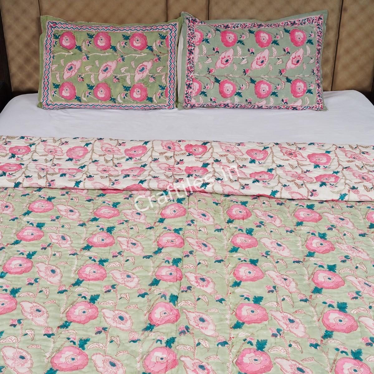 Craftiles - Varista Jaipuri Handblock Printed Reversible Jaipuri Quilt by Jaipurdharohar - Green - Image 2