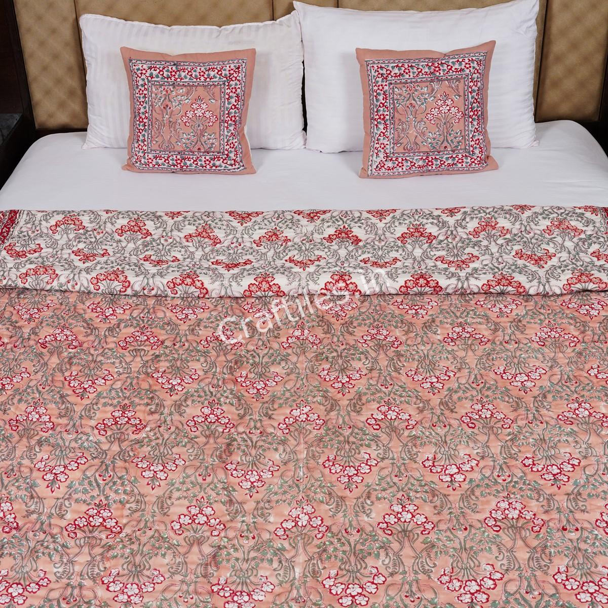 Peach Jaipuri Handblock Printed Reversible Jaipuri Quilt by Jaipurdharohar - Peach - Image 2