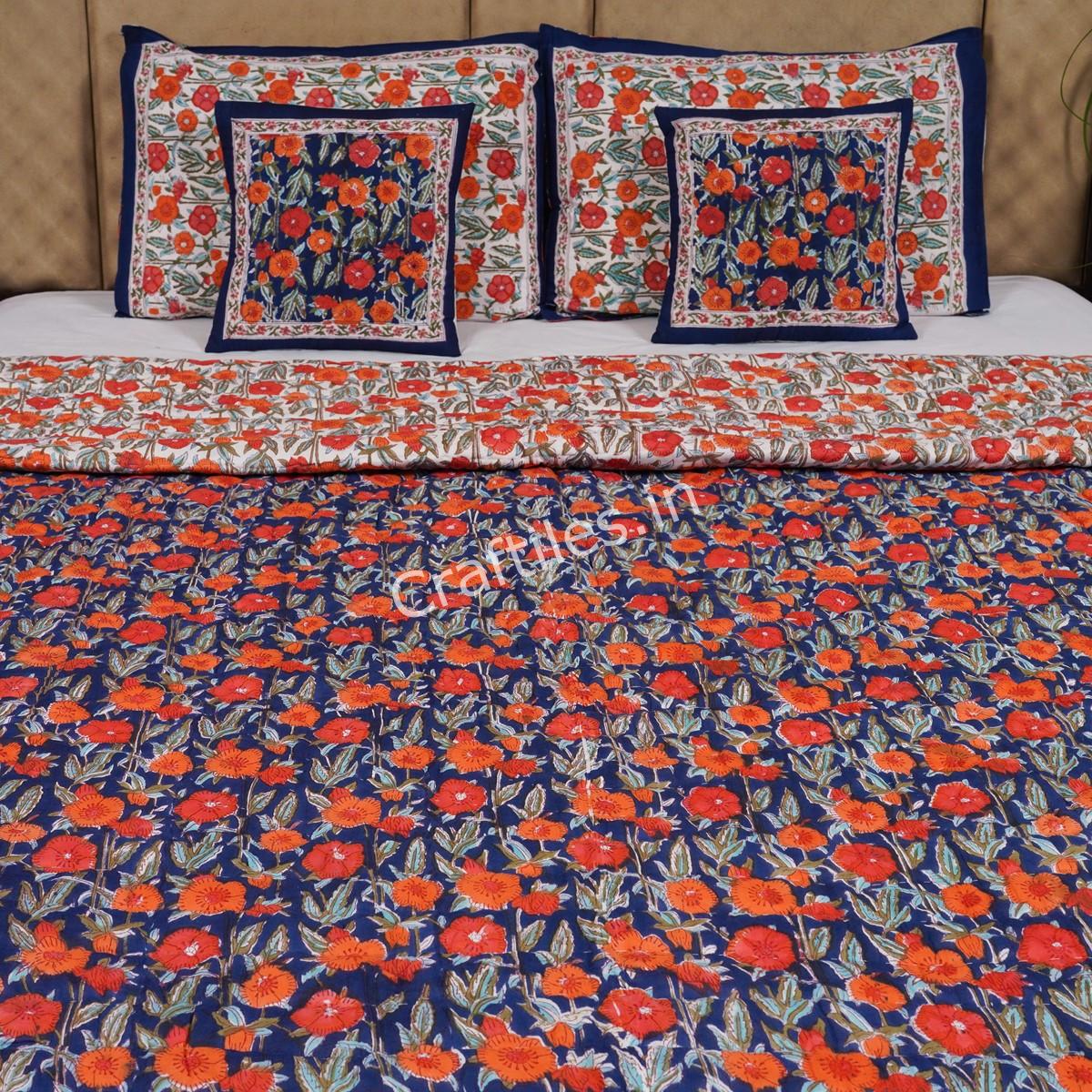 Craftiles - Rose Jaipuri Handblock Printed Reversible Jaipuri Quilt by Jaipurdharohar - Blue - Image 2