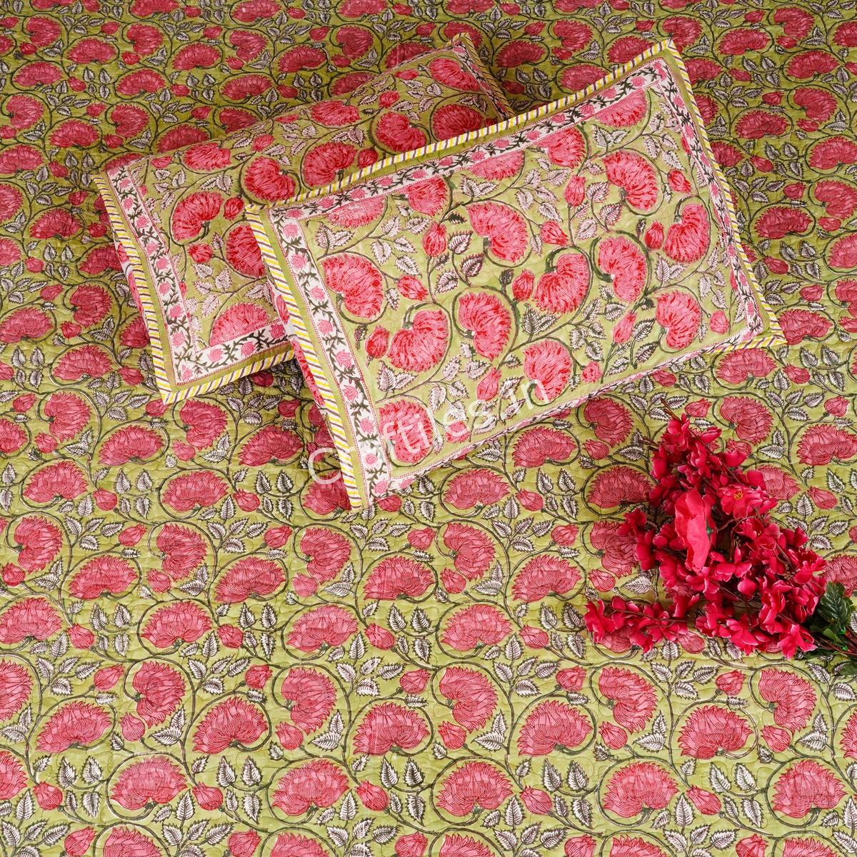 Craftiles - CF1138 Lotus Jaipuri Handblock Printed Reversible Comforter by Jaipurdharohar - AC Quilt | Comforter | Bedcover | Gudarie - Red