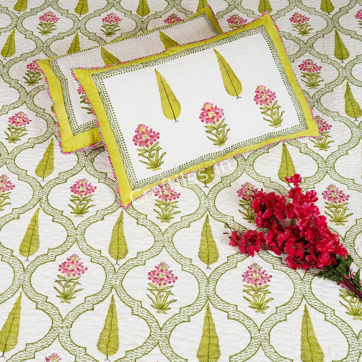 Craftiles - CF1128 Premium Mahrab Jaipuri Handblock Printed Reversible Comforter by Jaipurdharohar - AC Quilt | Comforter | Bedcover | Gudarie - Green