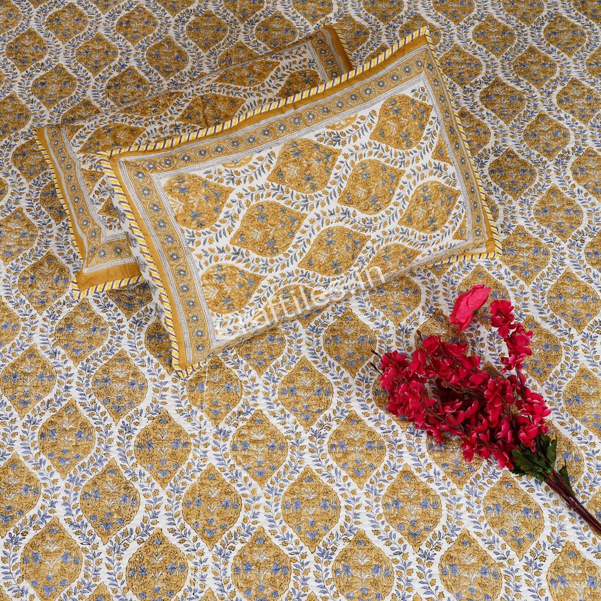 Craftiles - CF1067 Mahak Jaipuri Handblock Printed Reversible Comforter by Jaipurdharohar - AC Quilt | Comforter | Bedcover | Gudarie - Yellow