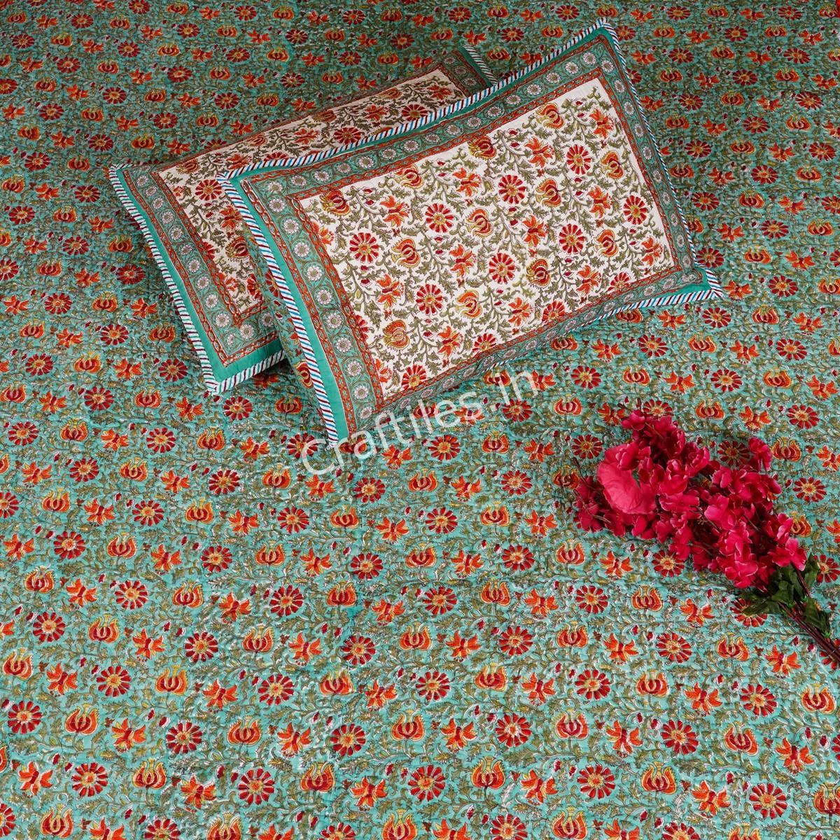 Craftiles - CF1130 Chakri Jaipuri Handblock Printed Reversible Comforter by Jaipurdharohar - AC Quilt | Comforter | Bedcover | Gudarie - Green