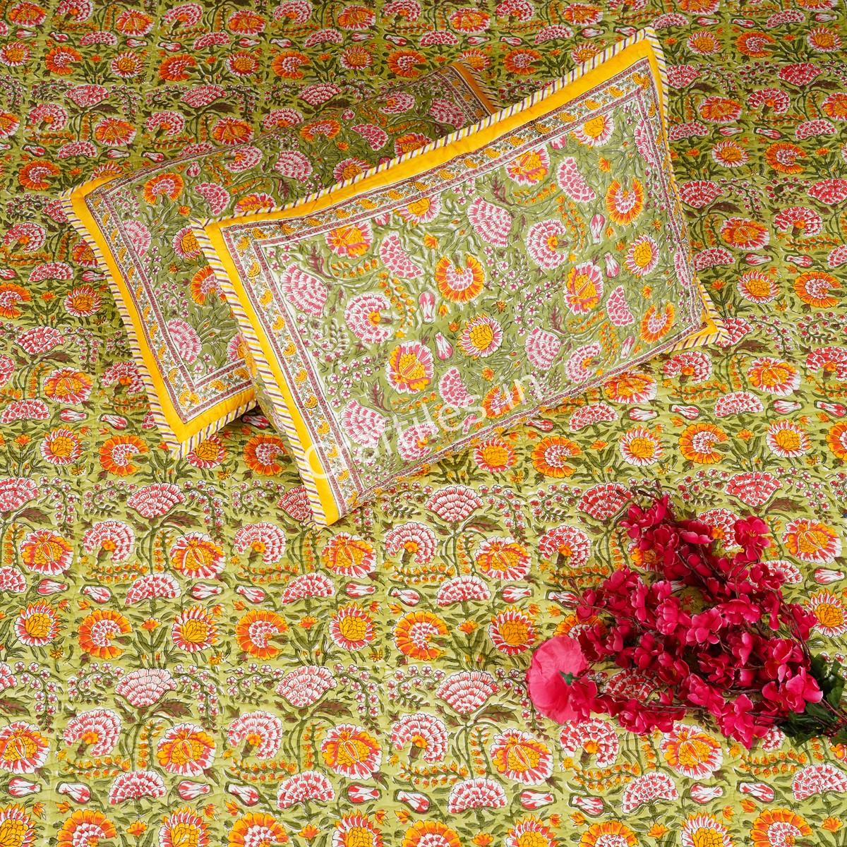 Craftiles - CF1051 Surajmukhi Jaipuri Handblock Printed Reversible Comforter by Jaipurdharohar - AC Quilt | Comforter | Bedcover | Gudarie - Yellow