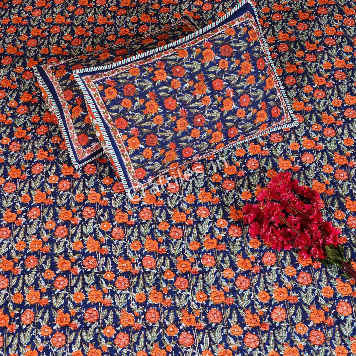 Craftiles - CF1001 Rose Jaipuri Handblock Printed Reversible Comforter by Jaipurdharohar - AC Quilt | Comforter | Bedcover | Gudarie - Blue