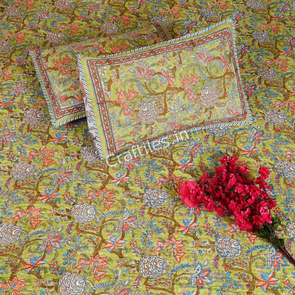 Craftiles - CF1127 Saat kaam Jaipuri Handblock Printed Reversible Comforter by Jaipurdharohar - AC Quilt | Comforter | Bedcover | Gudarie - Green