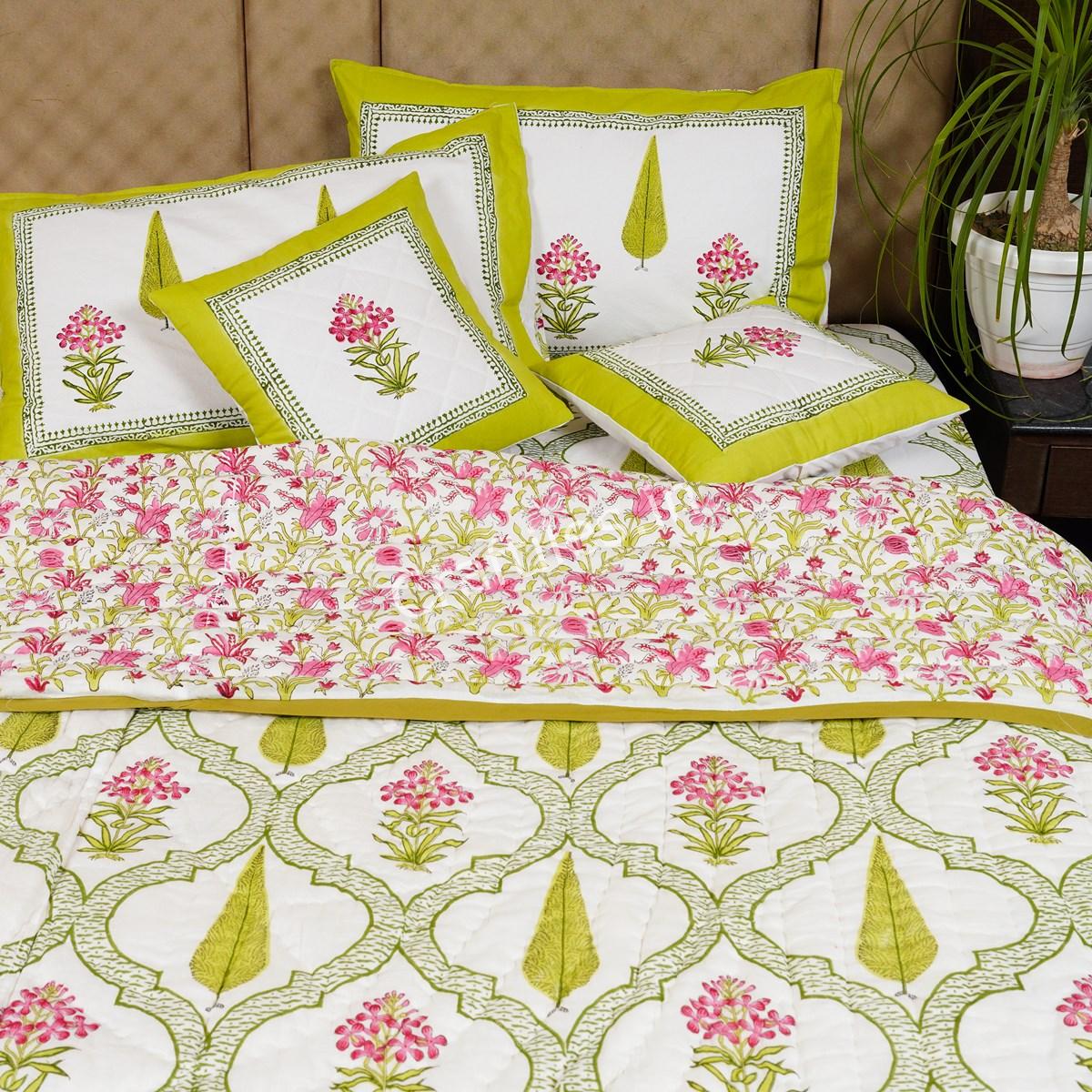 Craftiles - Flower Pot Jaipuri Handblock Printed Bedding Set by Jaipur dharohar for Home and Wedding Gift - Green - Image 3