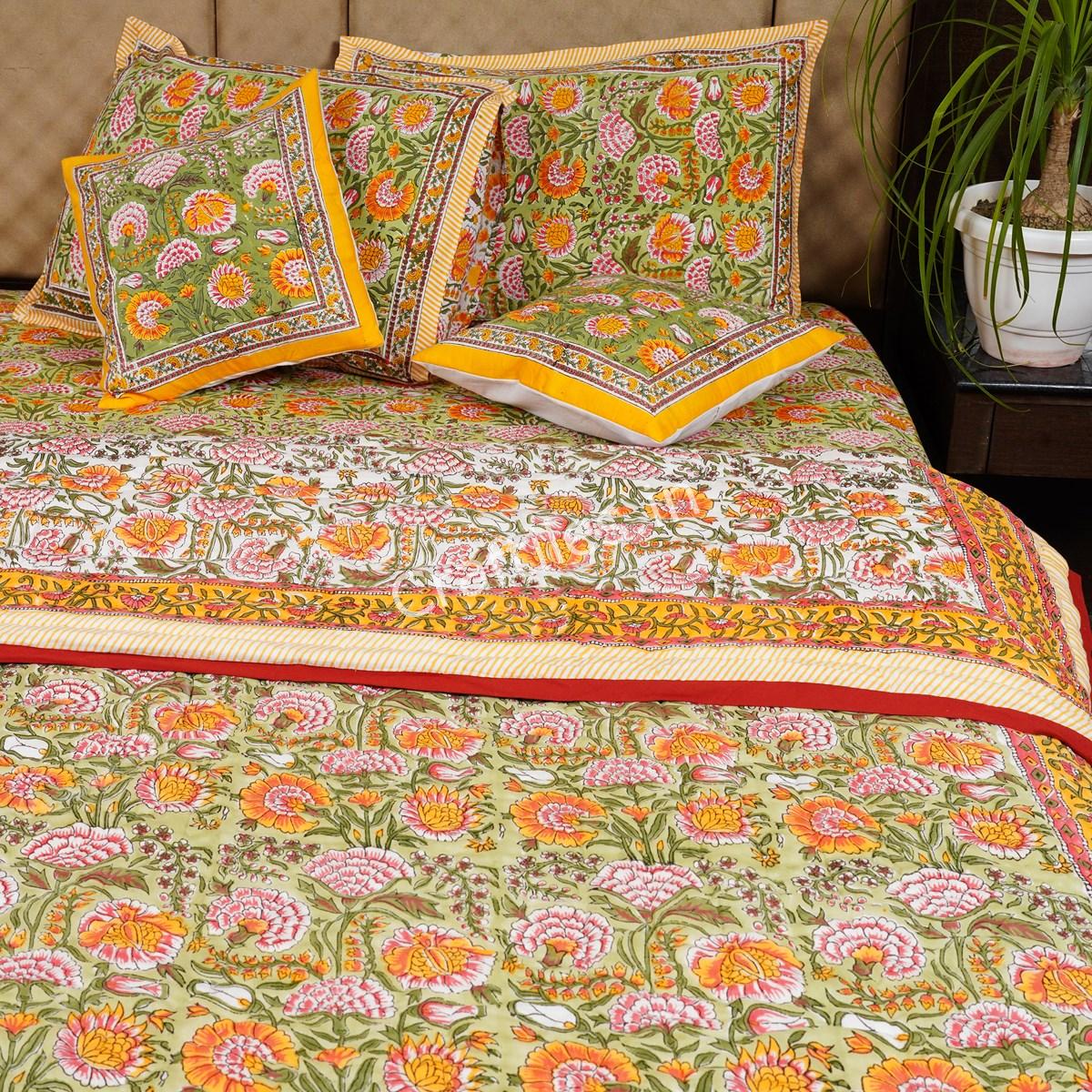 Craftiles -  Sunflower Tree Jaipuri Handblock Printed Bedding Set by Jaipur dharohar for Home and Wedding Gift - Yellow - Image 3