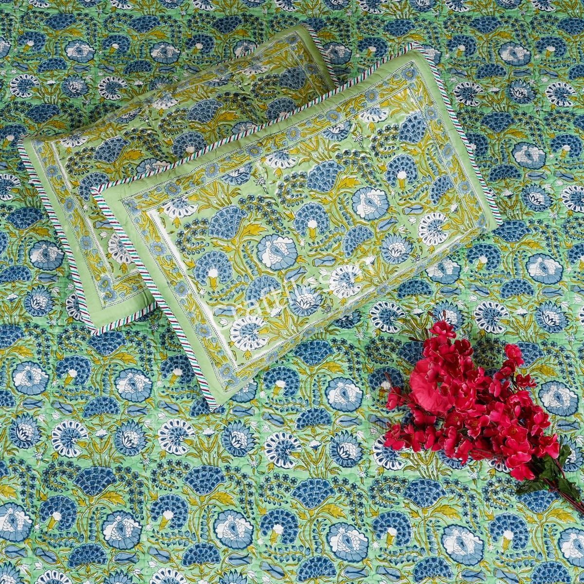 Craftiles - CF1139 Jasmine Jaipuri Handblock Printed Reversible Comforter by Jaipurdharohar - AC Quilt | Comforter | Bedcover | Gudarie - Green